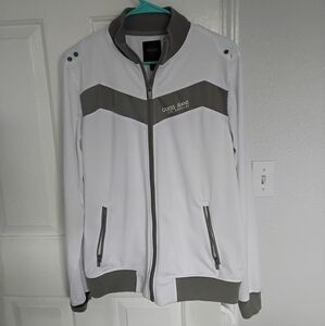 Men's Guess White and Gray Windbreaker with Chevron Accents.